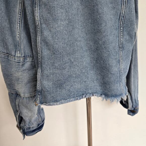 Free People Grunge Distressed Cropped Denim Trucker Jacket Raw Hem Women Largeg - Picture 8 of 13